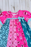 Western turquoise pink patchwork short sleeve girls boutique dress DLH2892