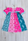 Western turquoise pink patchwork short sleeve girls boutique dress DLH2892