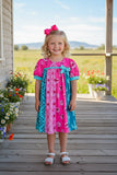 Western turquoise pink patchwork short sleeve girls boutique dress DLH2892