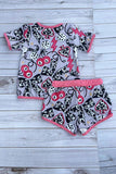Western cow bows & 8 balls print top & shorts girls boutique set DLH2894