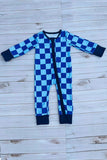 Chic blue checkered long sleeve baby boy boutique romper DLH2900