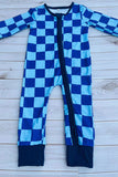 Chic blue checkered long sleeve baby boy boutique romper DLH2900