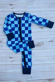 Chic blue checkered long sleeve baby boy boutique romper DLH2900