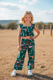 Western cowgirl green crop top & wide leg pant girls boutique set DLH2902