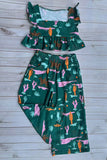Western cowgirl green crop top & wide leg pant girls boutique set DLH2902