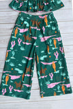 Western cowgirl green crop top & wide leg pant girls boutique set DLH2902