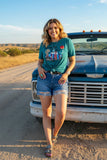 DLH9121-1 "KEEP ON TRUCKIN" teal short sleeve women t-shirt GS9