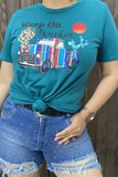 DLH9121-1 "KEEP ON TRUCKIN"multi color printed graphic teal background fabric short sleeve women tops