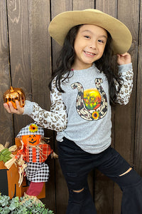 Grey horse shoe sunset printed girl t-shirt w/leopard sleeves DLH0824-23