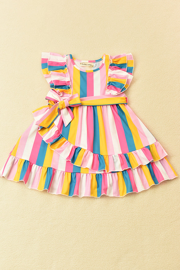 XCH03008 Multi color striped ruffle sleeve girls dress w/tied belt