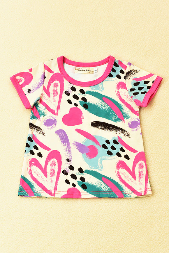 XCH01010 Multi color heart printed short sleeve girls top