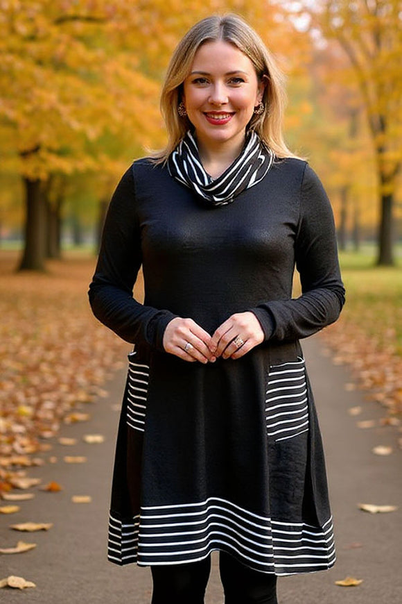 Black/white striped Turtleneck & irregular bottom women dress GJQ15563 (BS12)