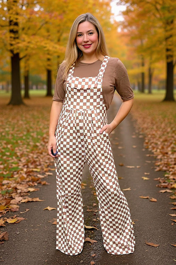 Brown white checker one piece casual women jumpsuit XCH16724