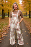 Brown white checker one piece casual women jumpsuit XCH16724