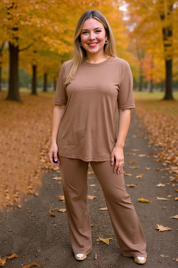 Khaki short sleeve top & straight pant 2pc women outfit sets GJQ15828 (GS7)