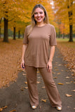 Khaki short sleeve top & straight pant 2pc women outfit sets GJQ15828 (GS7)