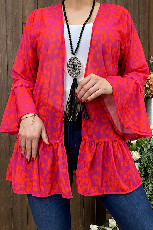 FW10585 Fuchsia & orange leopard printed women shear kimono