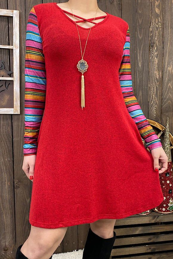 FW7549 Red dress w/long multi-color striped sleeves