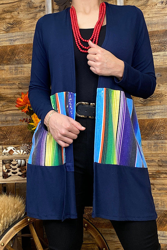 FW8050-2 Wholesale Navy blue/serape sequin color block cardigan w/pockets CS11