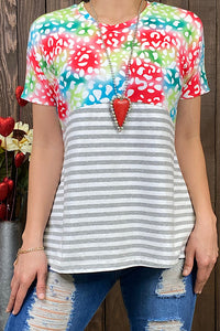 FW8744 Grey striped multi color printed top