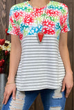 Women t-shirt wholesale Leopard & Grey striped printed short sleeve top FW8744 (FS9)