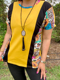 GJQ10664 Yellow/turquoise & leopard sunflower short sleeve women printed top (ES3)