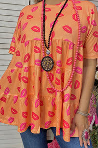 GJQ10850-2 Orange baby doll blouse w/kiss print