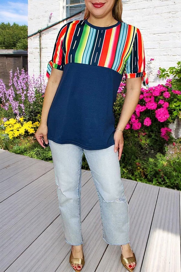 Western plus size women clothing Navy blue top w/multi color serape print GJQ10890 (FS12)