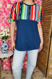Western plus size women clothing Navy blue top w/multi color serape print GJQ10890 (FS12)