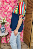Western plus size women clothing Navy blue top w/multi color serape print GJQ10890 (FS12)
