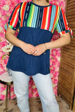 Western plus size women clothing Navy blue top w/multi color serape print GJQ10890 (FS12)