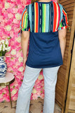 Western plus size women clothing Navy blue top w/multi color serape print GJQ10890 (FS12)