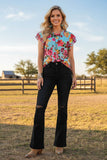 Chic blue floral printed ruffle sleeves women's boutique blouse GJQ11963 DS11