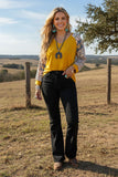 Western yellow mustard & 3/4 raglan leopard sleeve women's boutique blouse GJQ13086 (DS8)