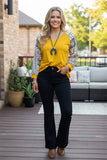 Western yellow mustard & 3/4 raglan leopard sleeve women's boutique blouse GJQ13086 (DS8)