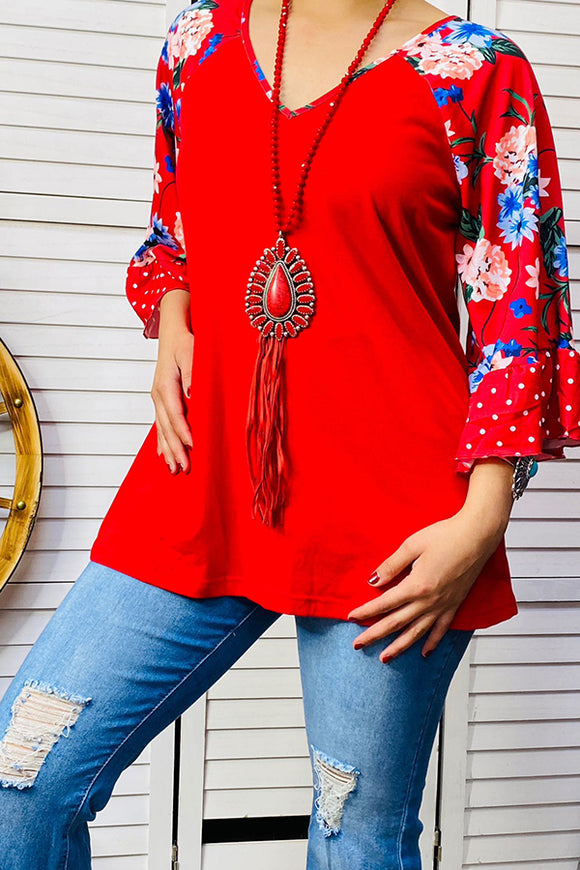 GJQ13446S Red blouse with floral bell sleeve