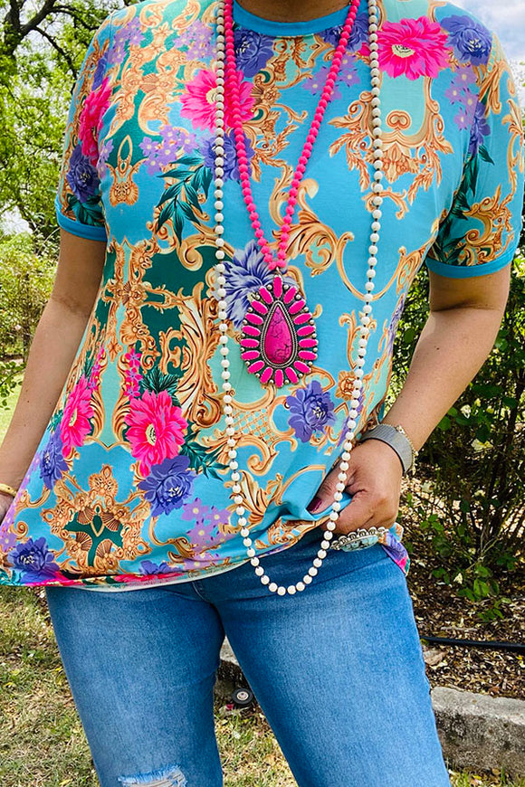 GJQ13637 TURQUOISE PINK & PURPLE FLORAL GOLD PRINTED S/S TOP