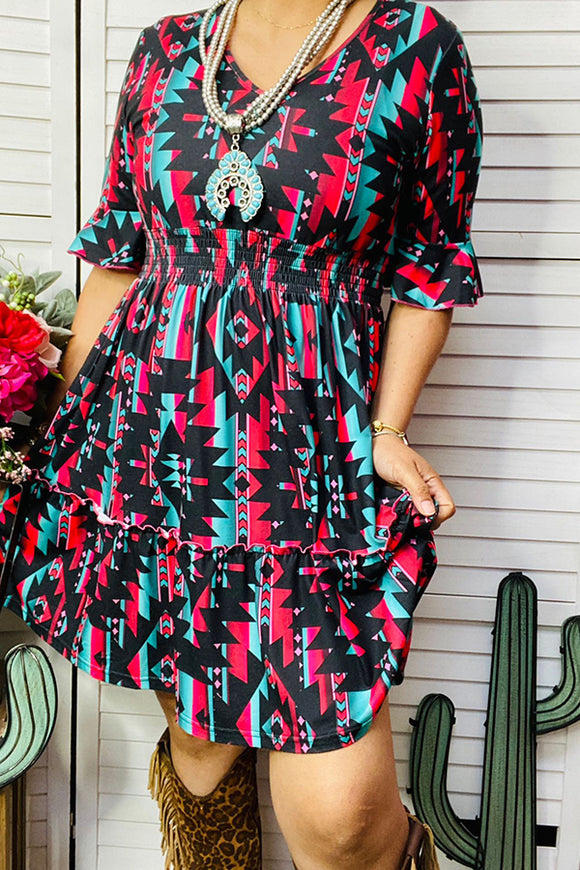 GJQ14143 Black & Pink & Turquise Aztec printed women dress w/elastic waist