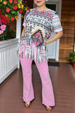 Western women t-shirt wholesale Aztec printed fringe & short sleeves GJQ14187 (BS11)