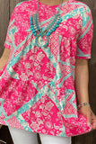 GJQ14194 Turquoise & Pink floral printed baby doll blouse w/short sleeves