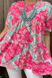 GJQ14194 Turquoise & Pink floral printed baby doll blouse w/short sleeves (DS1)