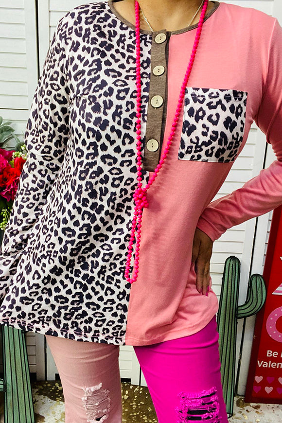 GJQ14214 Half leopard & half pink long sleeve women top