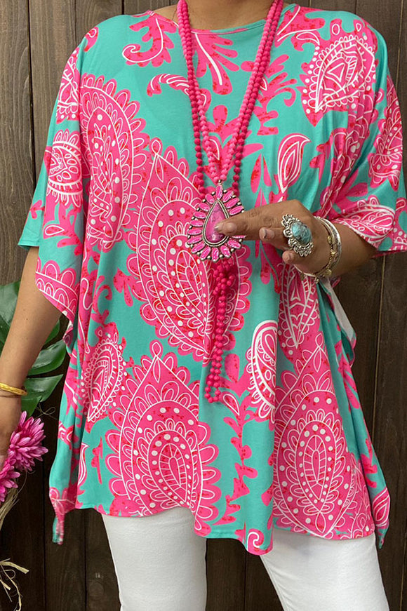GJQ14219 Pink & Turquoise paisley printed women blouse