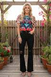 Western Aztec print & Leopard bell short sleeves women top GJQ14404 IS2
