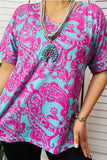 GJQ14409 Pink turquoise paisley short sleeve women t-shirt