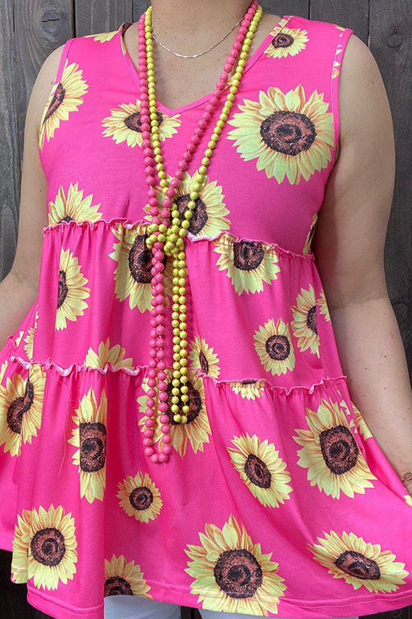 GJQ14436 Sunflower prints pink background sleeveless baby doll women top