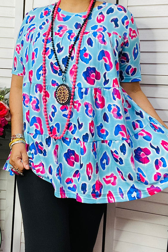 GJQ14495 Pink and Blue leopard prints women blouse with short sleeve