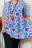 GJQ14495 Pink and Blue leopard prints women blouse with short sleeve (DS8)