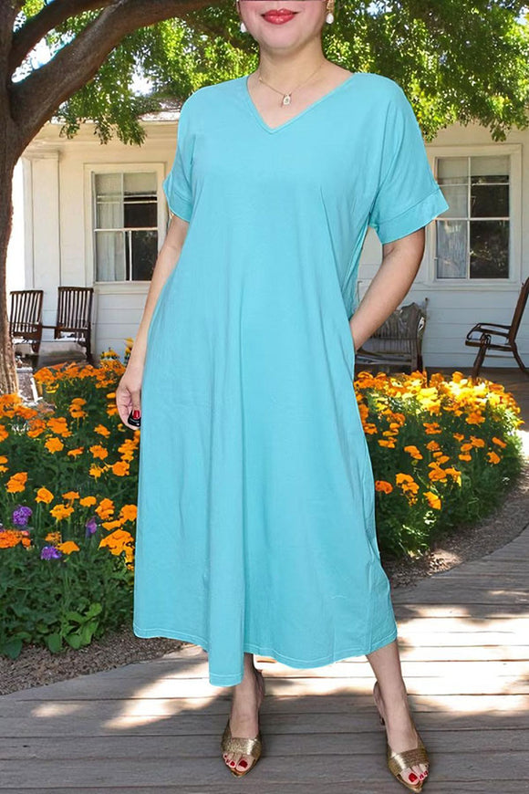 Maxi dress wholesale Cotton Turquoise color with short sleeve pockets GJQ14588-2 (BS3)