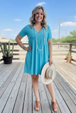 Western blue short sleeve women boutique dress w/pockets GJQ14589-2 (BS6 AS9